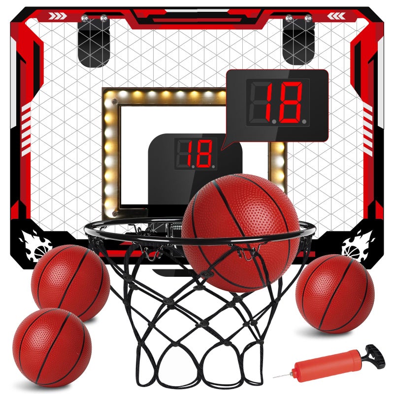 KIZJORYA Basketball Hoop Indoor  Light Up Mini Basketball Hoop for Kid with Electronic Scoreboard & 4 Balls  Foldable Door Sports Fan Backboard Toy Room Game  Gift for Teens Boy Girl Adults Ages 3+ - Image 1